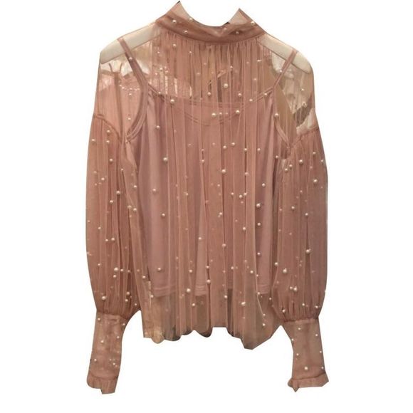 Pearled Pink Sheer Longsleeve Over Blouse - Picture 2 of 7